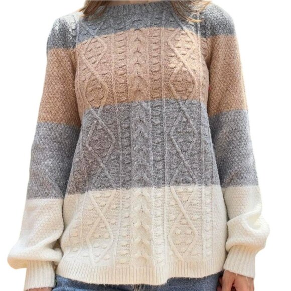 NWT ST. JOHN'S BAY XL Cable Knit Color Block Sweater Crewneck Neutral Multicolor - Picture 2 of 3